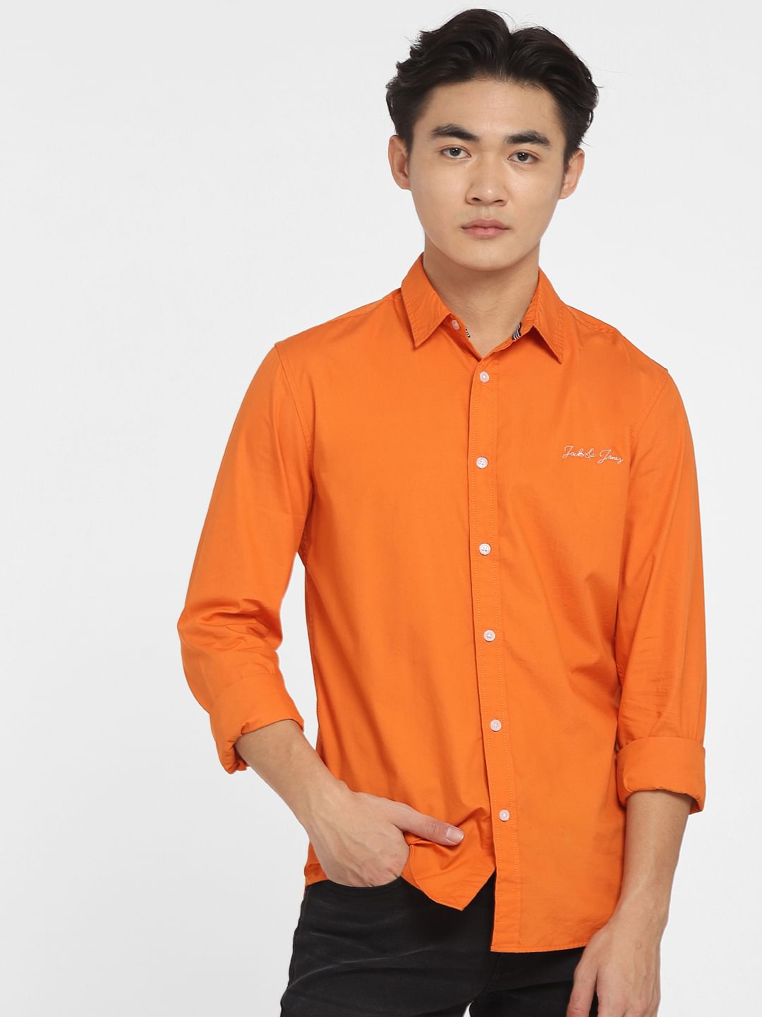 Buy Orange Logo Print Full Sleeves Shirt for Men