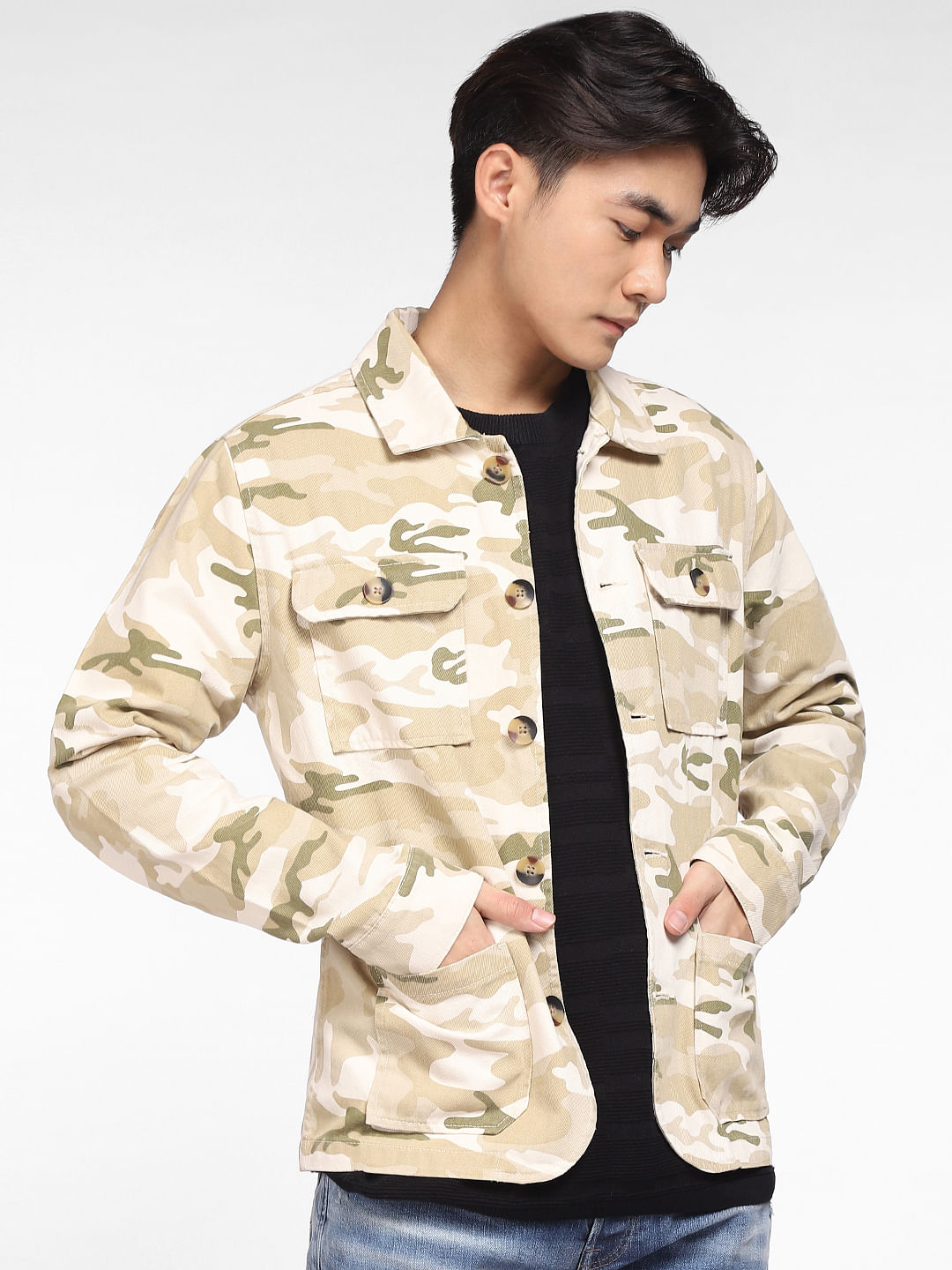 Camouflage Print Fleece Lined Front Button Denim Jacket - Green – Lil  Lollipop