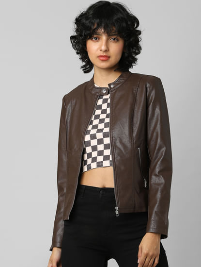 Dark Brown Faux Leather Biker Jacket