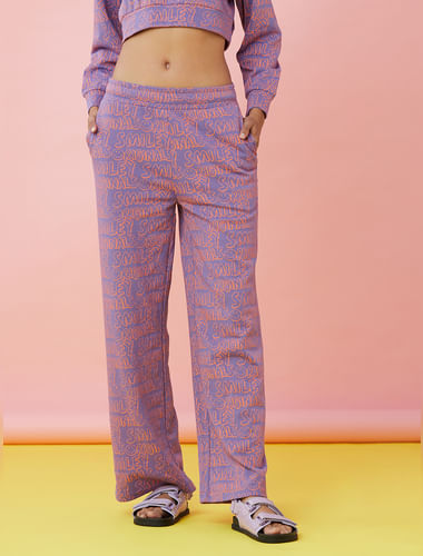 Only X Smiley   Purple Mid Rise Printed Co-ord Sweatpants