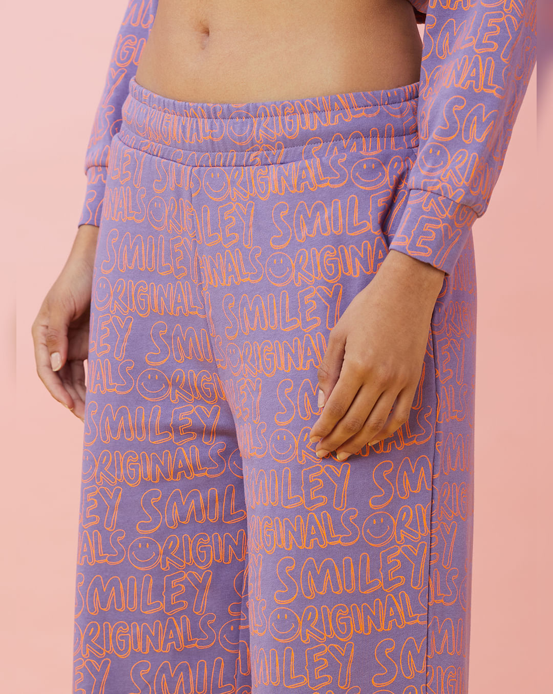Only X Smiley® Purple Mid Rise Printed Co-ord Sweatpants