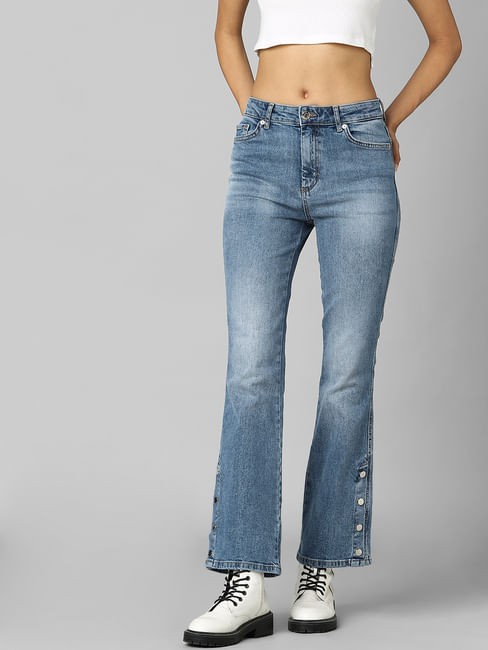 Blue High Rise Slit Button Flared Jeans