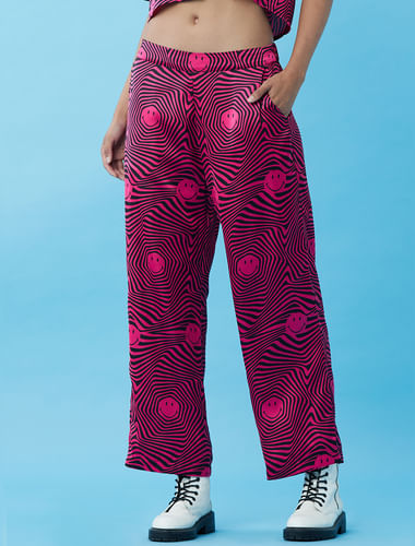Only X Smiley   Black Mid Rise Printed Satin Pants