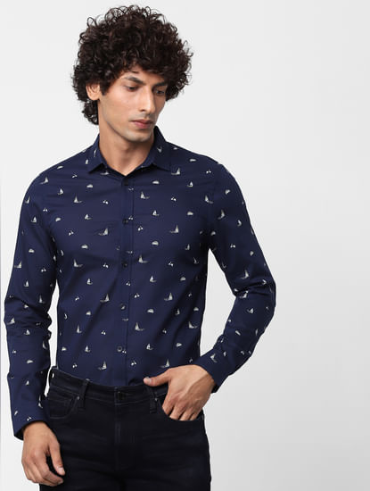 Blue Full Sleeves All Over Print Slim Fit Shirt 