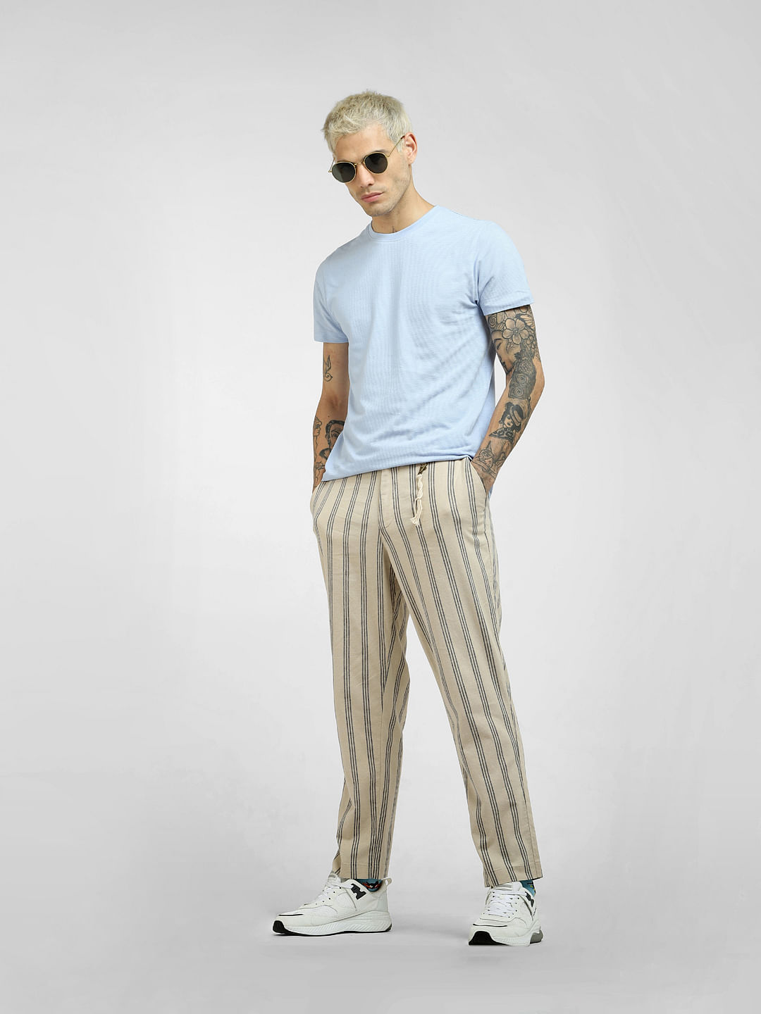 Buy Men's Grey Striped Trousers Online at Bewakoof
