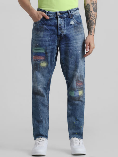 Blue Mid Rise Printed Erik Anti Fit Jeans