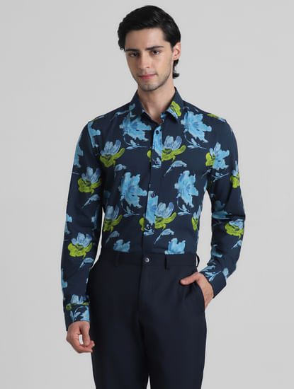 Blue Floral Print Full Sleeves Shirt