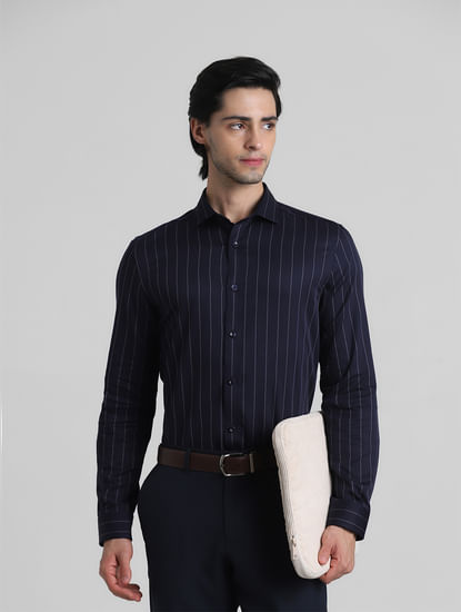 Dark Blue Striped Full Sleeves Shirt