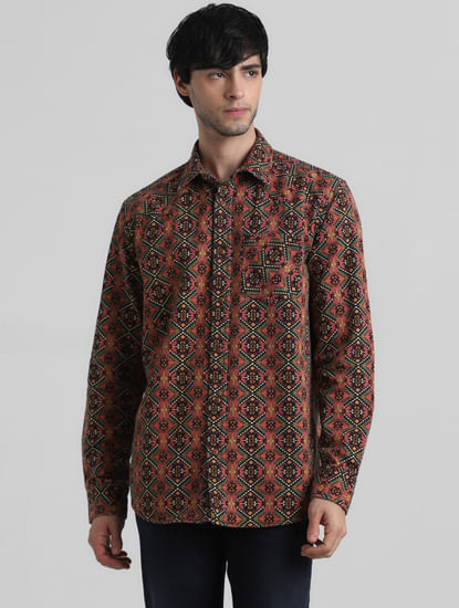 Red Floral-Abstract Print Shirt