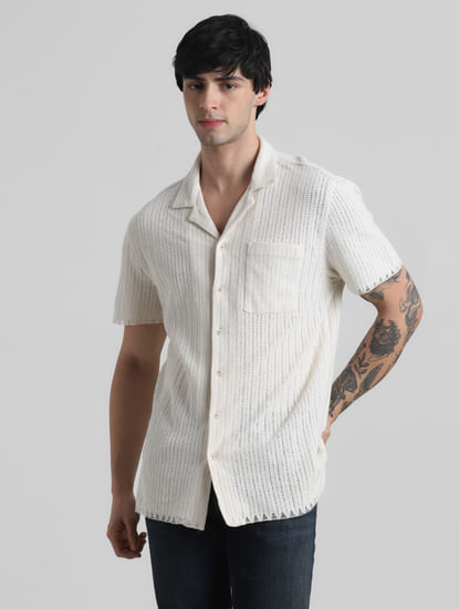 Beige Striped Short Sleeves Shirt