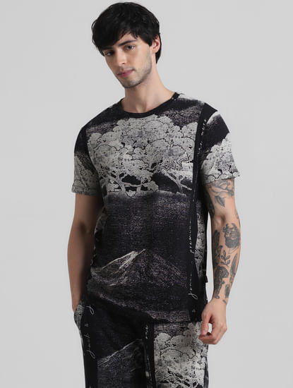 Black Abstract Print Crew Neck T-shirt