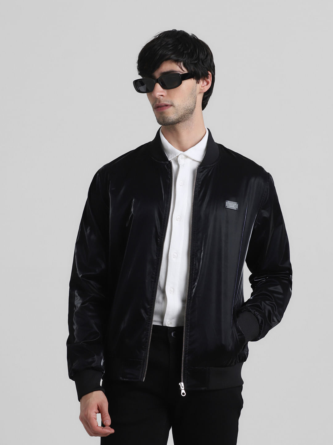 Black Reflective Zip-Up Bomber Jacket|272442501-Black-Denim