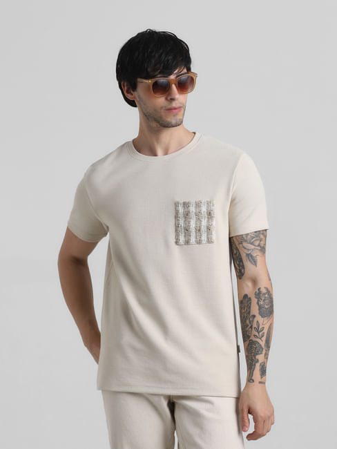 Beige Knitted Pocket Crew Neck T-shirt
