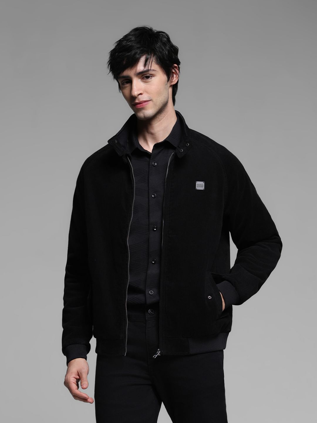 Black High Neck Corduroy Jacket