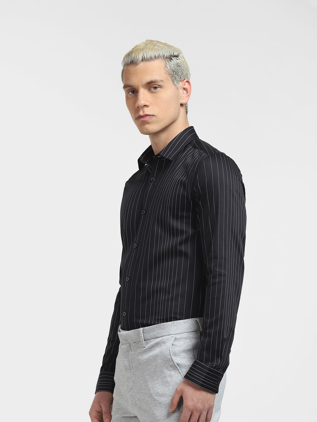 Mens black cheap striped dress shirt