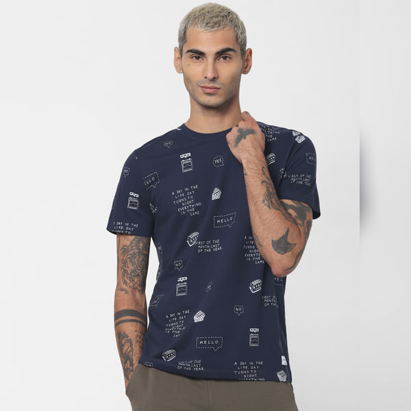 BESTSELLER CLOTHING Navy Blue Printed Crew Neck T-shirt