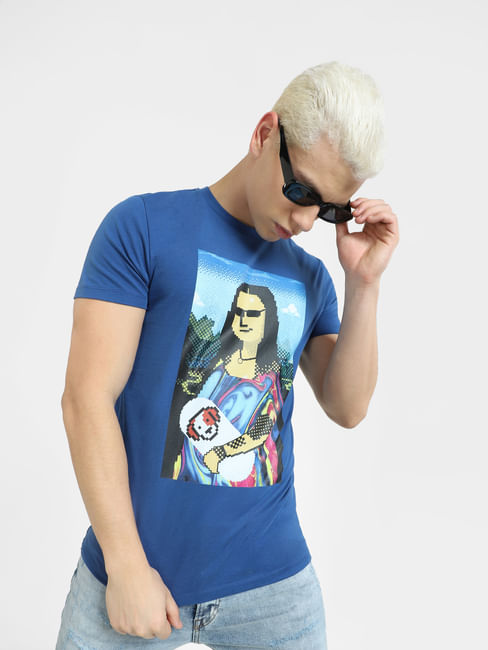 Blue Mona Lisa Print Crew Neck T-shirt
