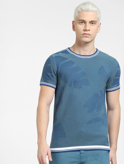 Blue Printed Knit Crew Neck T-shirt