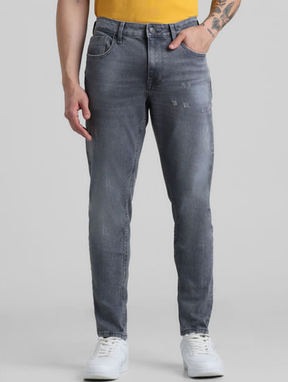 Grey Mid Rise Distressed Slim Jeans
