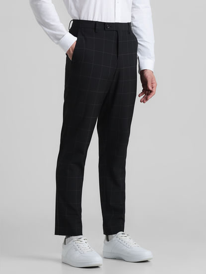 Black Mid Rise Check Slim Fit Trousers