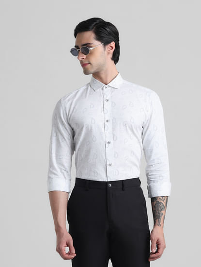 White Printed Formal Full Sleeves Shirt