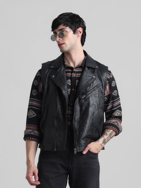 Black Leather Sleeveless Biker Jacket
