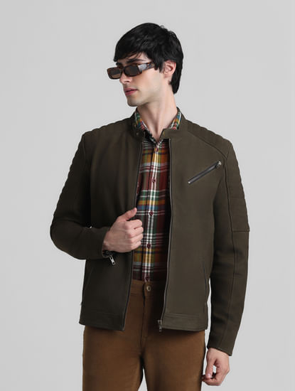 Olive Zip-Up Leather Jacket