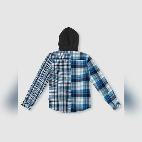 Boys Blue Check Print Hooded Shirt