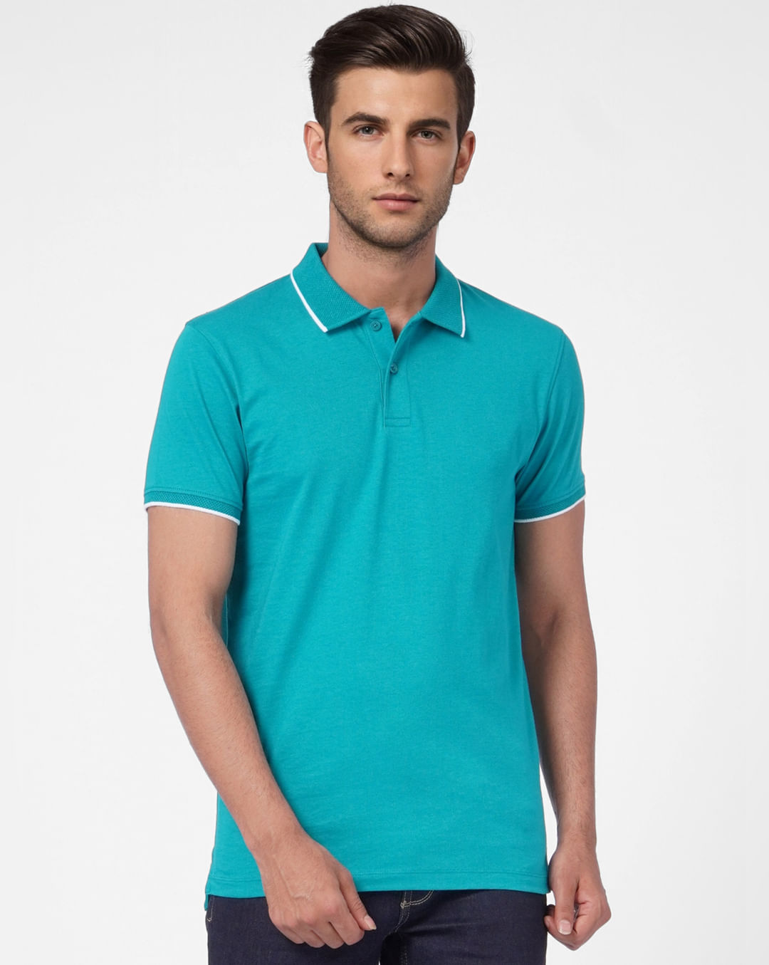 Buy Green Knit Polo Neck T-shirt for Men