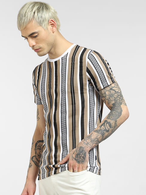 Beige Vertical Stripe T-shirt