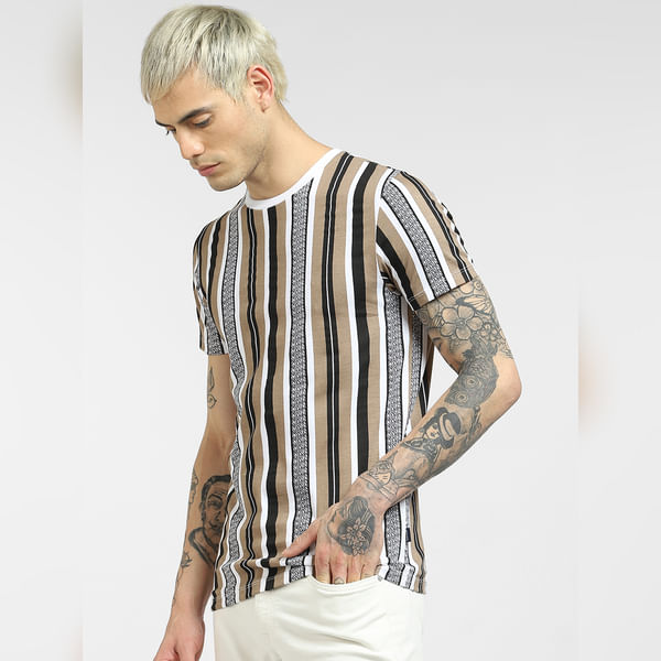 BESTSELLER CLOTHING Beige Vertical Stripe T-shirt