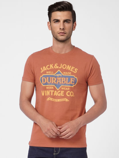 Faded Orange Graphic Print Crew Neck T-shirt