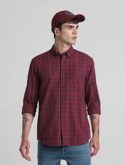 Red Cotton Check Full Sleeves Shirt