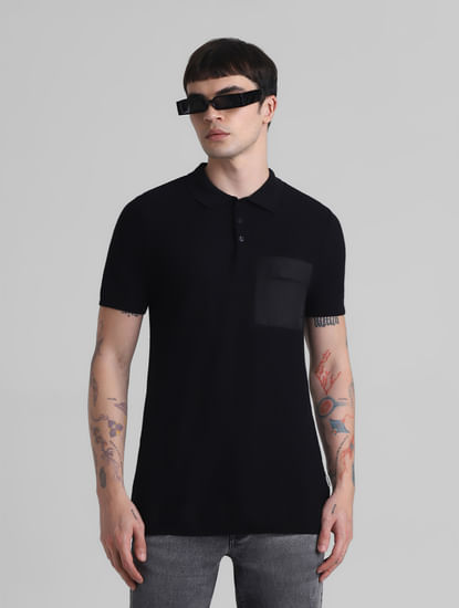 Black Cotton Knit Polo T-shirt