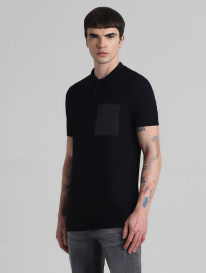 Black Cotton Knit Polo T-shirt