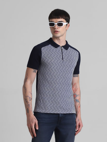 Blue Printed Zip Detail Knitted Polo