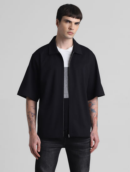 Black Zip-Up Oversized Short Sleeves Shirt