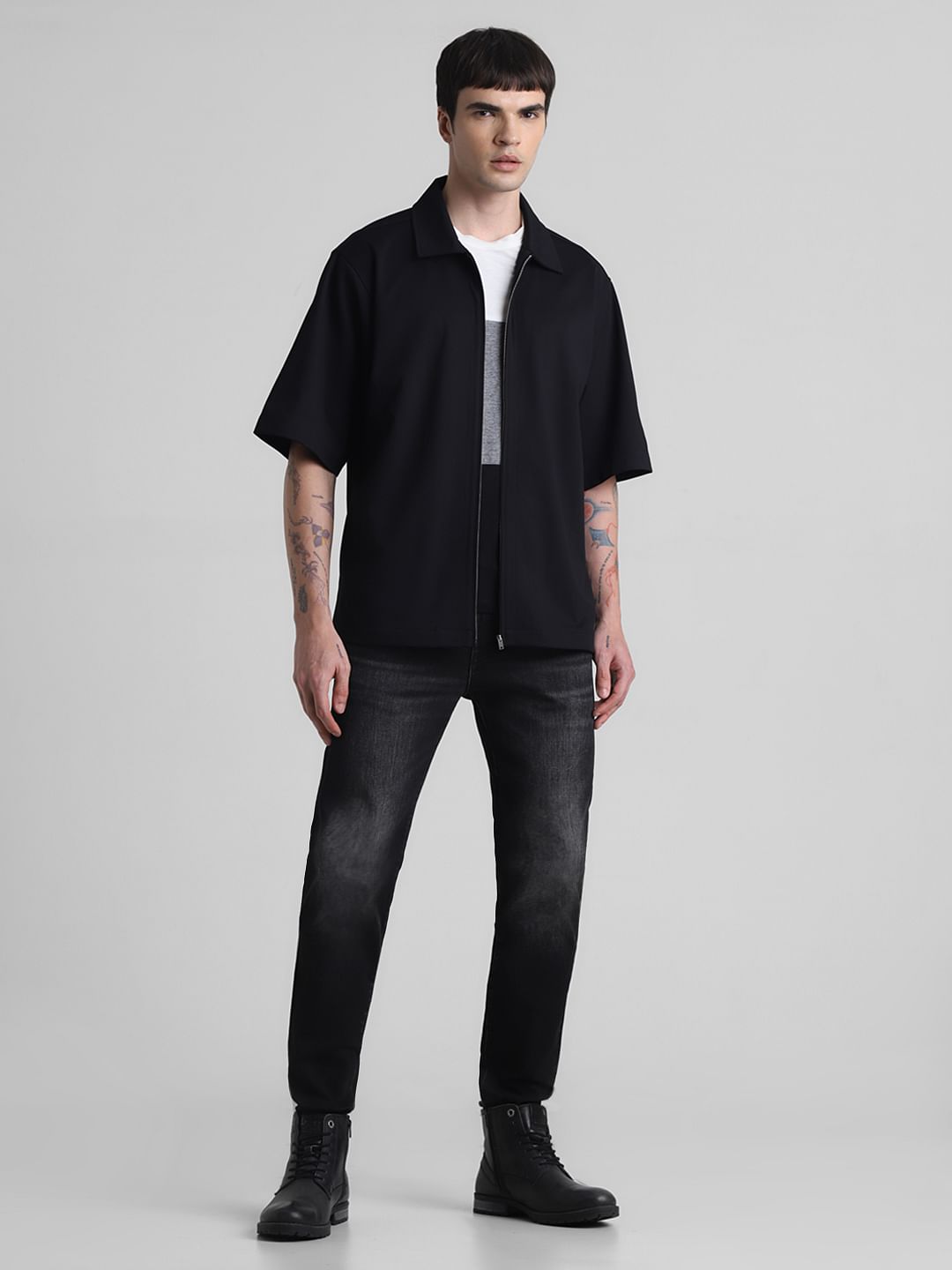 Black Zip Up Oversized Short Sleeves Shirt