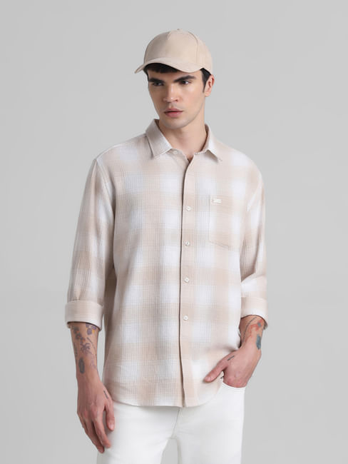 Brown Cotton Check Oversized Shirt