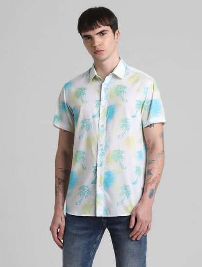 White Tropical Print Short Sleeves Shirt