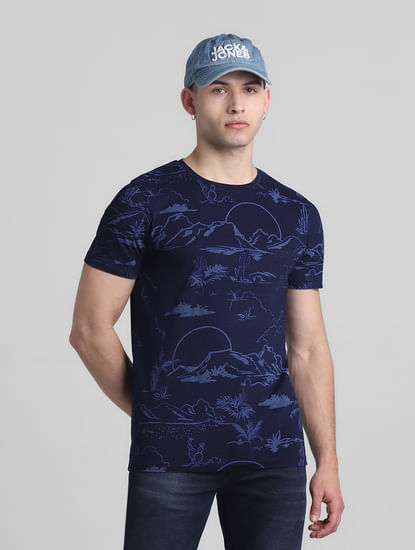 Dark Blue Printed Crew Neck T-shirt