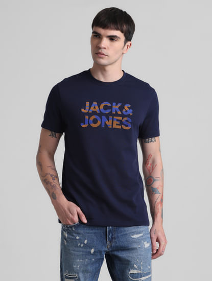 Dark Blue Logo Print Crew Neck T-shirt