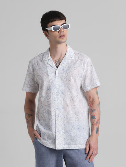 White Floral Cotton Short Sleeves Shirt