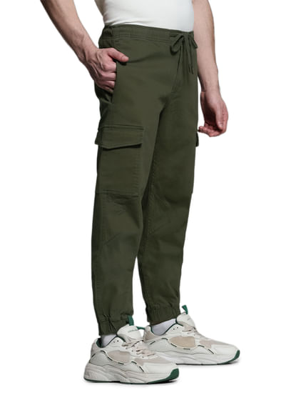 Green Mid Rise Cotton Cargo Trousers