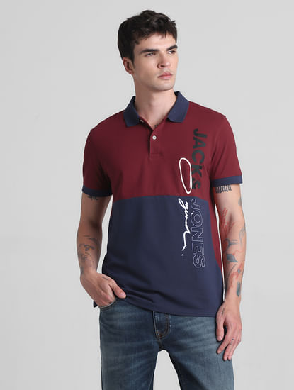 Red Colourblocked Cotton Polo T-shirt