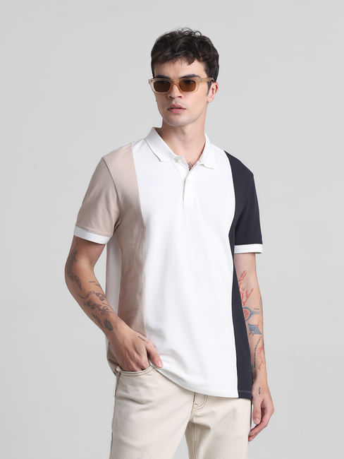 Beige Colourblocked Cotton Polo T-shirt