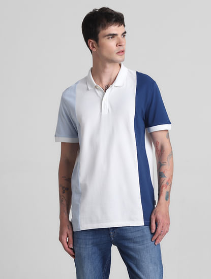 Blue Colourblocked Cotton Polo T-shirt
