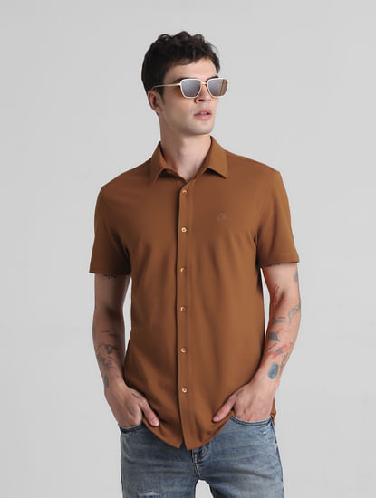 Brown Knitted Short Sleeves Shirt
