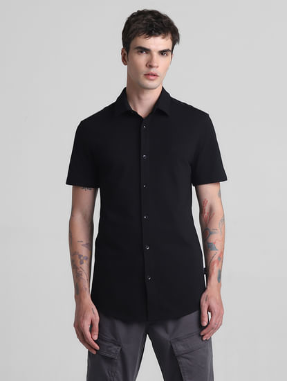 Black Knitted Short Sleeves Shirt