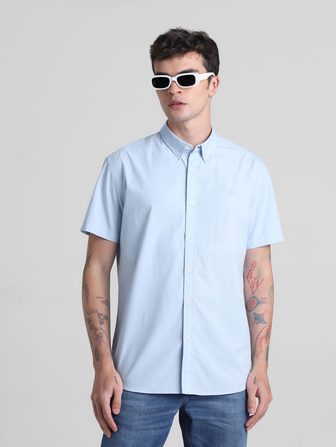 Blue Cotton Short Sleeves Shirt